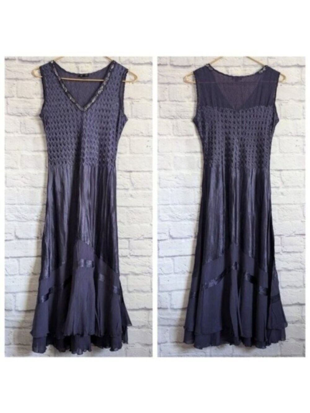 Komarov Satin Chiffon Midi Dress S Midnight Blue Beaded Cocktail Occasion Formal